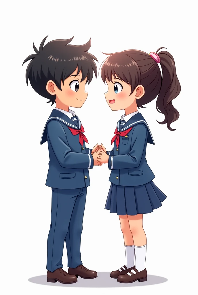 ((officially)) ((masterpiece)) ((Best quality)) ((detailed)) cartoon boy and girl in blue school uniform on white background