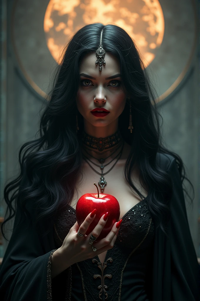 ((RAW Photo), absurd, (absurdresolution)), masterpiece, best quality, (Extremely detailed 8k unity CG wallpaper), (best illustration), (best shadow), Realistic lighting, beautiful detailed glow, ((2)), girl, long black hair, black queen, accessories, apple in hand, poisoned apples, witch queen, red lipstick, (((Photographic Perspective of her)))