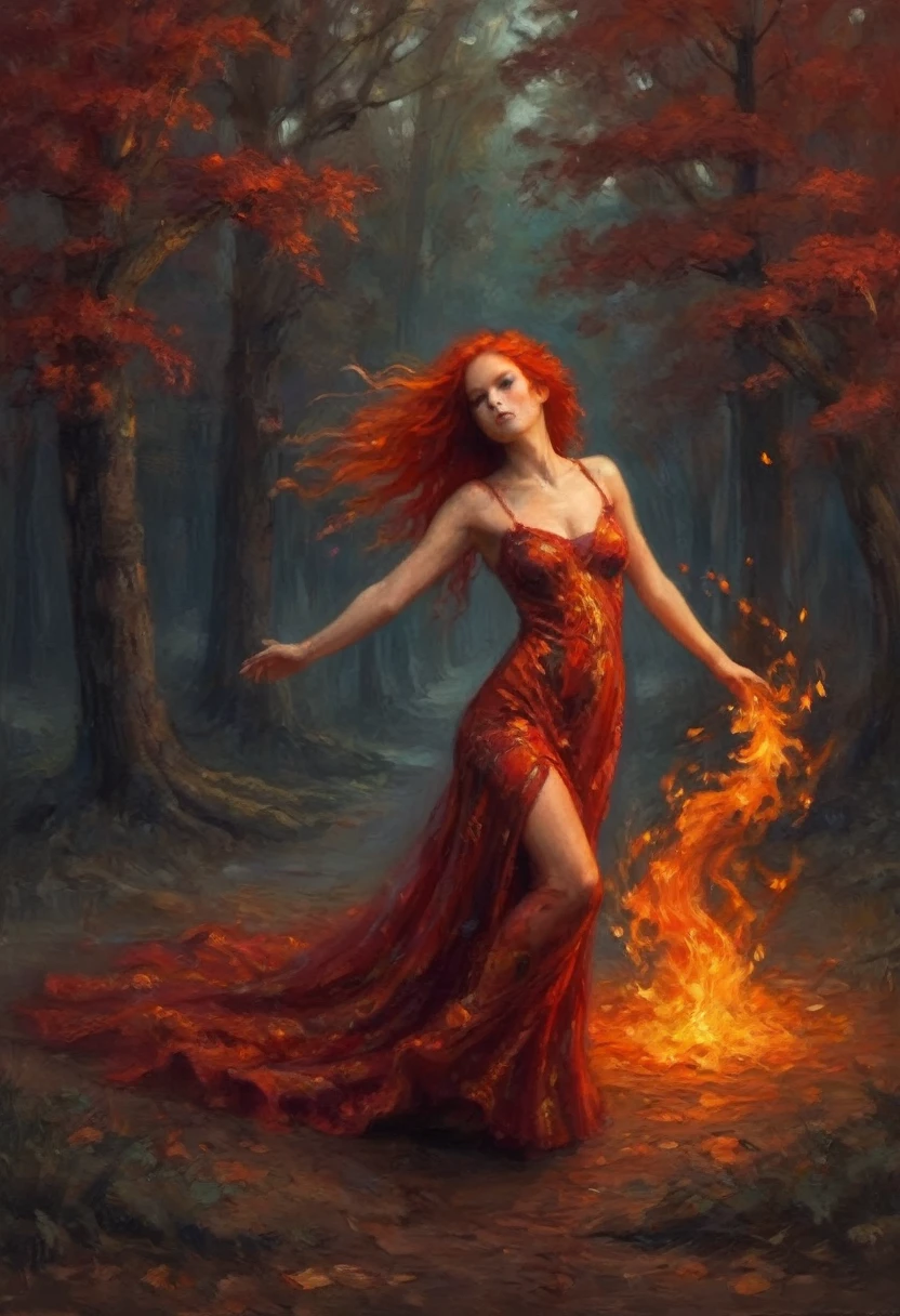 A fire sprite (cute woman, patches of flame dance on her skin, sheer flaming dress very revealing, light red skin, deep red eyes, flame hair), seductive graceful dance, setting woods aflame
