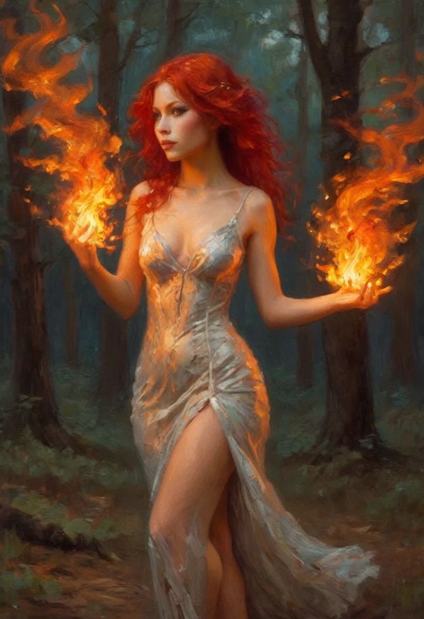 A fire sprite (cute woman, patches of flame dance on her skin, sheer flaming dress very revealing, light red skin, deep red eyes, flame hair), seductive graceful dance, setting woods aflame