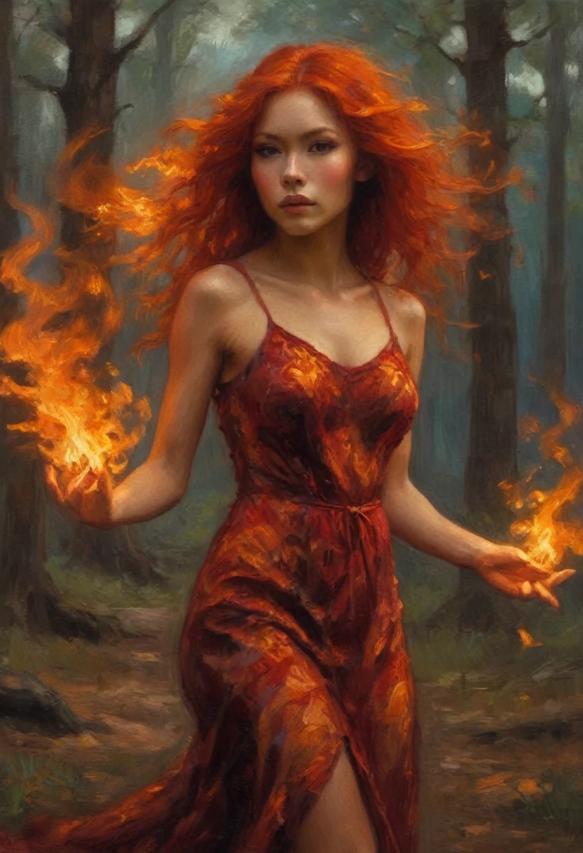 A fire sprite (cute woman, patches of flame dance on her skin, sheer flaming dress very revealing, light red skin, deep red eyes, flame hair), seductive graceful dance, setting woods aflame
