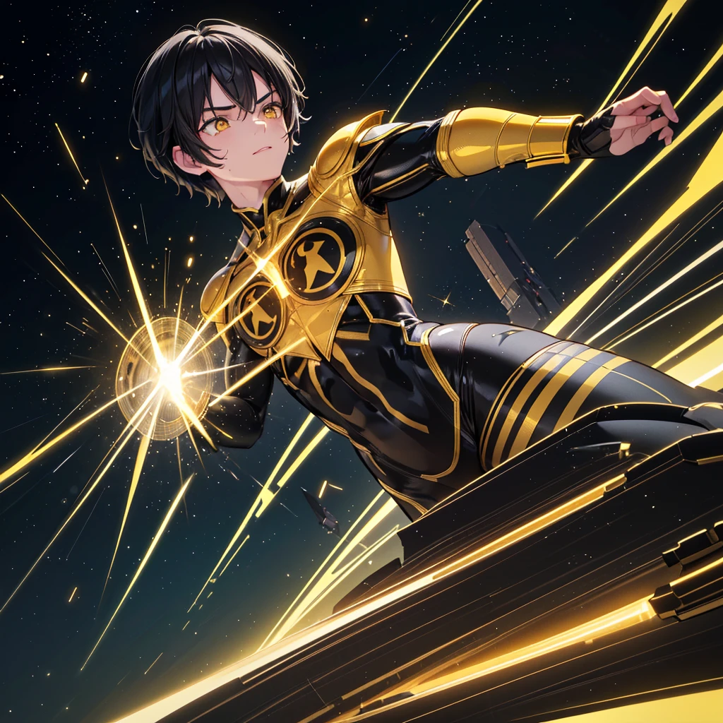 a superhero boy with black hair and yellow eyes, full full yellow costume, flying in space, (best quality,4k,8k,highres,masterpiece:1.2),ultra-detailed, studio lighting,extremely detailed face and eyes,intricate superhero costume,dynamic action pose,glowing yellow energy,sci-fi space background,cinematic lighting,vibrant colors