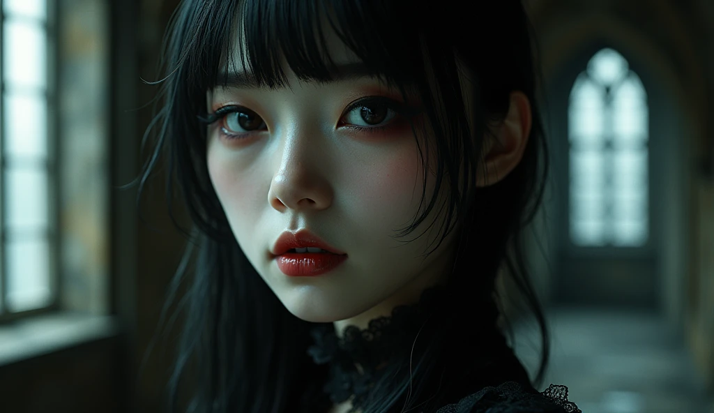 (best quality, 8k, highres, photorealistic:2.0), (solo, one girl:2.0), A highly detailed photorealistic image, half-body, a close up of a beautiful japanese vampire woman, (long hair with bangs), long eyelashes, dreamy gothic girl, gothic make-up, dark eye makeup, (big beady eyes girl:1.5), (droopy-eyes girl:1.5), she is a vampire, beautiful face, very detailed face, (sex appeal:1.3), (impressive eyes:1.5), elegant render, half body photo, mistress, photoshop render, cinematic lighting, ebony rococo, elegant girl, female spy, haunting beautiful young woman, detailed face, extravagant dress, beauty girl, very femenine, haunted abandoned gothic cathedral at background, dark haze atmotsphere, centered