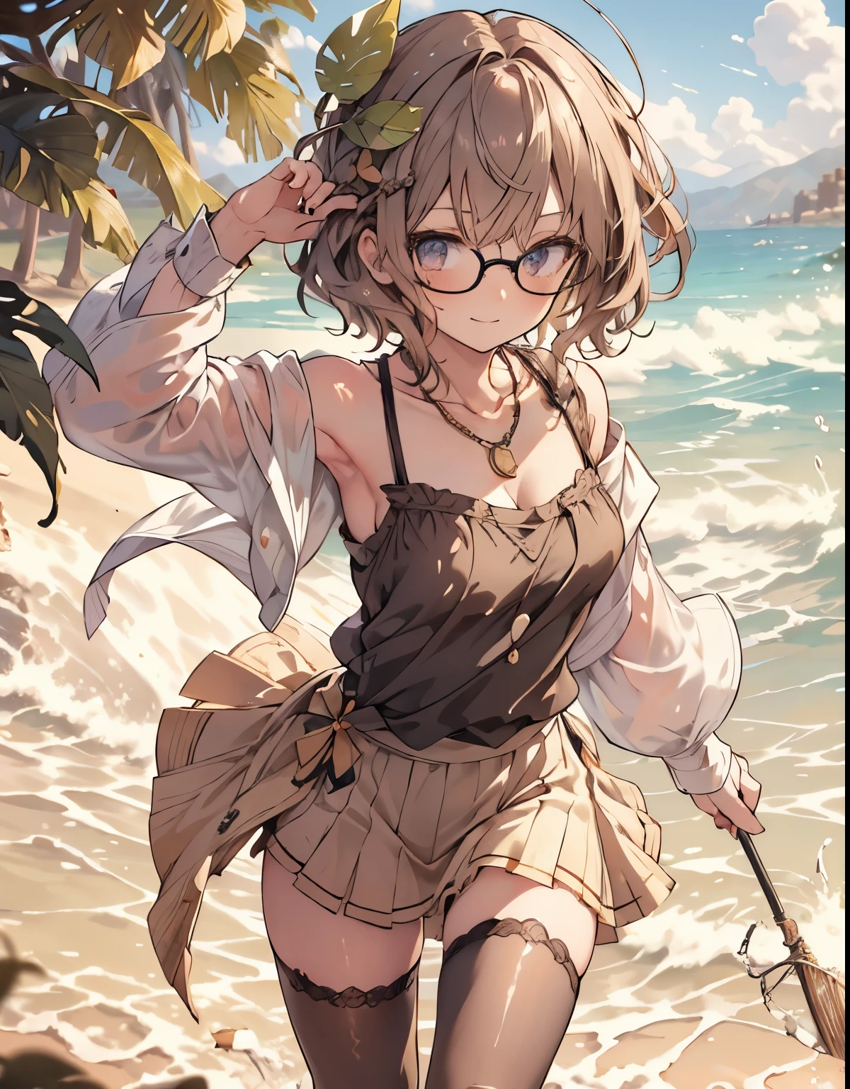 masterpiece, 1 girl, sparrow, a brown haired girl, wearing a beach clothes, curly short hair, messy hair, slim body, he close her left eye, shirt ornament, ruby eyes, ahoge, baby face, long sleeves, beautiful eyes, white stocking, droopy eyes, her age is 19, nagisa_bluearchive, seductive face, short hair, seductive smile, curly hair, villa on the beach, MongolPunkAI, medium breasts, view from right down, she tease you, lend a hand to you, she very close to you, smug smile, rainbow_one, leaf tanktop, leaf skirt, crocth tattoo, necklace, glasses