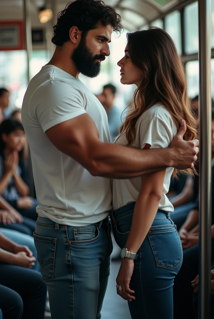 There is a young, strong, bearded Iranian man in a white t-shirt, jeans, White sneakers, sports watch, standing, holding on to the bar inside a public transport bus, side by side being watched by a woman next to him. Bulge, bulge.