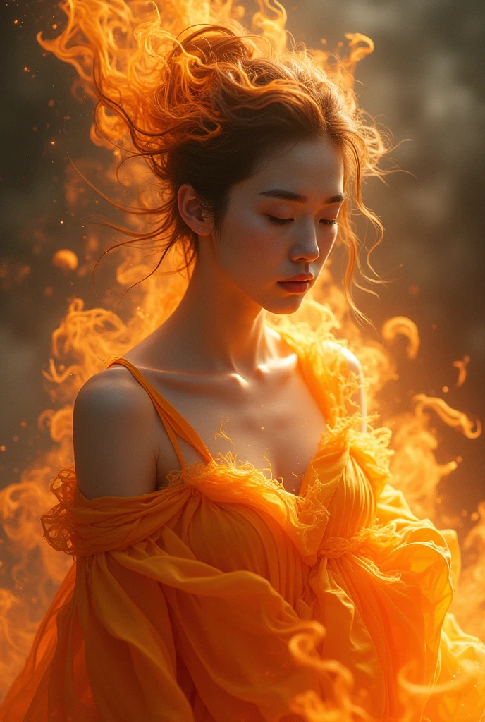 ((Highest quality)), ((masterpiece)), (detailed), Japanese women, Cloth your body with flames, Portrait, Fantasy, Pale, delicately, Dressing the Flame, Wearing Flames,Hair is fire、My hair is on fire、Hands are hidden in sleeves,Personification of the spirit of fire, 浮遊間を出しFantasyに