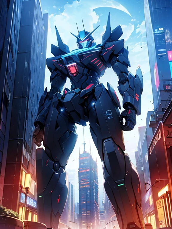 (masterpiece, best quality), High resolution, Very detailed,4K,8k,((from below)),((Late Night),Cyberpunk cityscape,Vibrant neon glow),(A giant robot walks among the tall buildings,ビームソードを構えて),((manga,text))