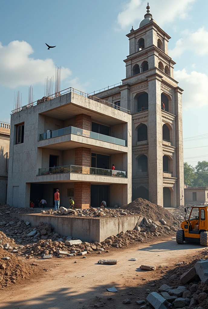 "Create an image of a construction site in Lahore, Bhagwanpura, featuring a two-story villa being built next to a traditional three-floor building that has been partially demolished. The background should include the Jaisi Temple, with name plate " JAISI TEMPLE ", showcasing a blend of modern architecture and historical elements."
