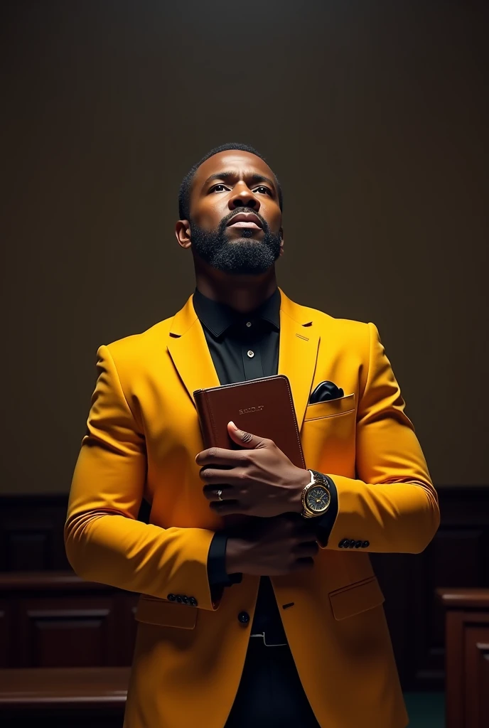 black man in mustard yellow suit with bible in his arm worshiping