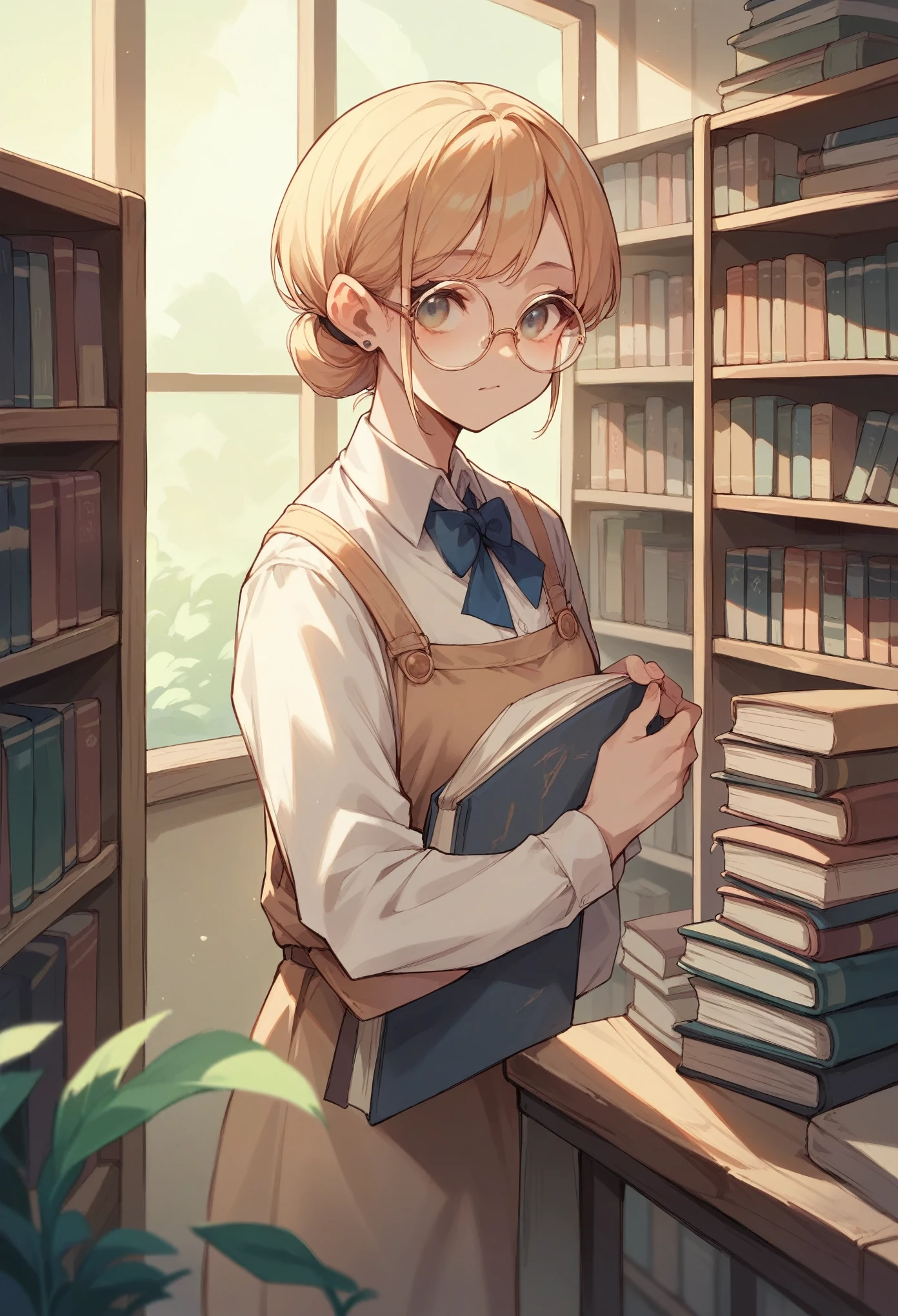 A girl, Wearing round tinted glasses,Background is a bookstore