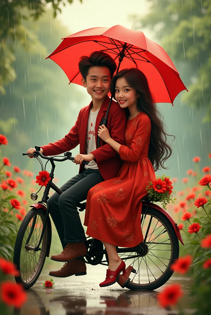 Slowly slowly rain with Ali and waniya enjoy rain with garden and couple are sitting on a bicycle and Ali plug in umbrella unique red flowers design and Ali red dress coat and flowers design t shirt and waniya dress color red flowers design frock and Ali shoe's Red flowers design white and waniya shoe's Red flowers design is white and couple smiling faces in prompts generate