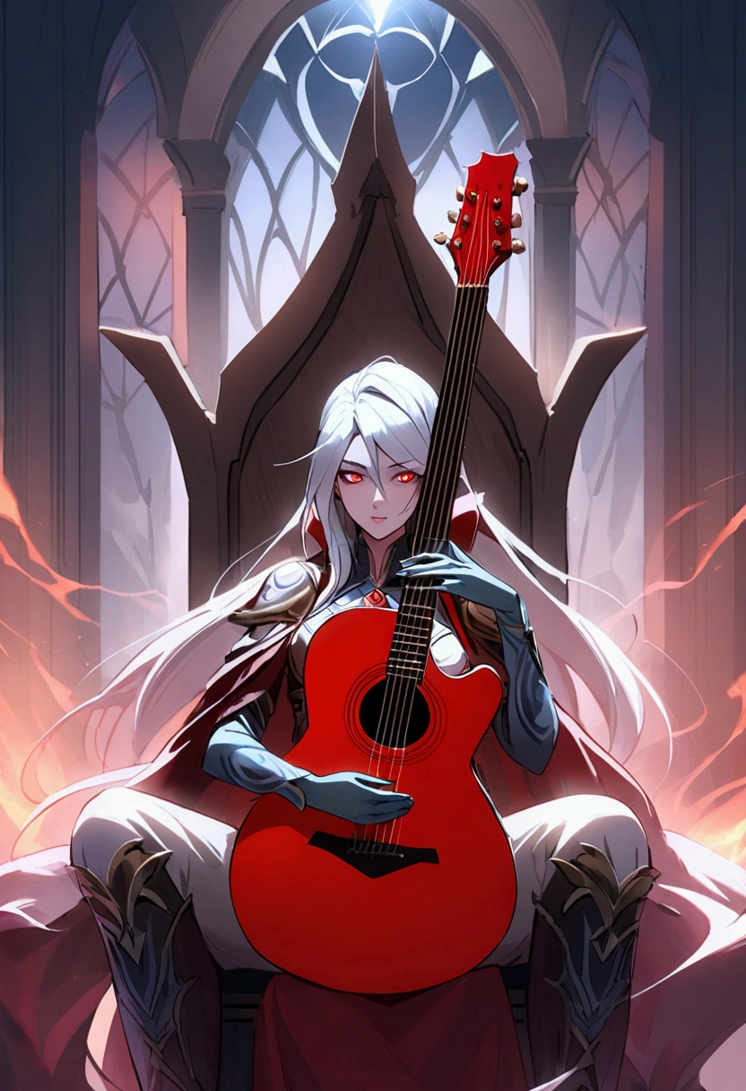 Sylvanas Windrunner, the legendary leader of the Forsaken, sits on a dark wooden throne, surrounded by an aura of mystery and magic. In her hands, she holds a vibrant red guitar, its strings seemingly pulsing with unearthly energy. Her eyes, burning with an otherworldly intensity, stare directly at the viewer, as if daring them to come closer. Her long, white hair falls over her shoulders, framing her pale, ethereal face. Her lips, painted a deep red, curve in an enigmatic smile, as if guarding secrets known only to her. The guitar, which appears to have been created by magical hands, emits an intense red light that illuminates the environment around it. The strings vibrate with an energy that seems almost palpable, as if they are alive and responding to Sylvanas’ touch. In the background, a dark and mysterious mist spreads, as if the night itself is closing in around Sylvanas. The atmosphere is charged with tension and anticipation, as if something is about to happen.

The image is a mix of shadows and light, of mystery and magic, capturing the essence of Sylvanas Windrunner as an enigmatic and powerful creature.