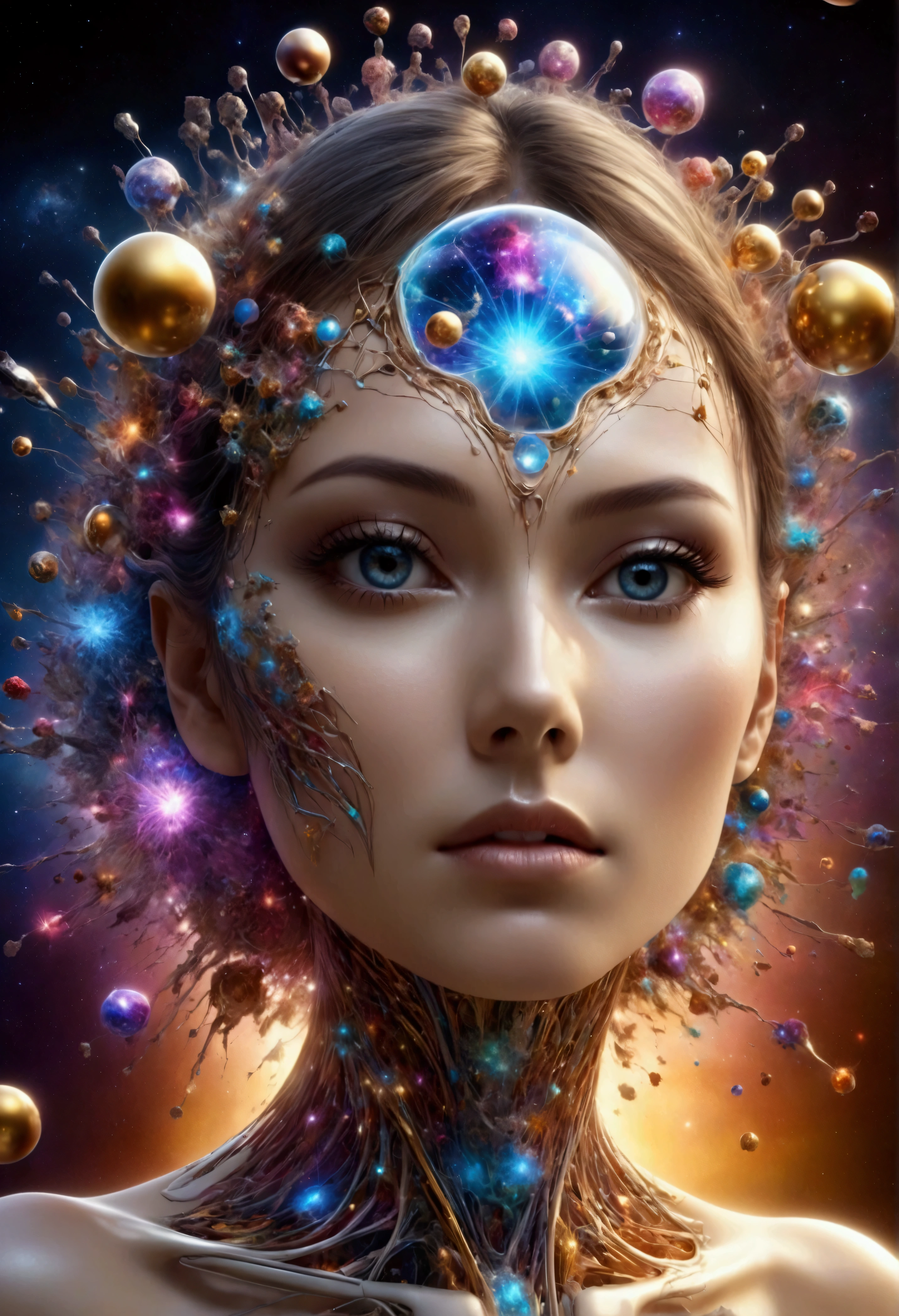 human female anatomy, Different parts of the body are scattered., 3D cubic body distribution, Lumps and spheres explode from the face., Surreal CGI masterpiece, shiny colors, Light around the wheel rim, mechanical dispersion, biosphere decay, highy detailed, floating parts, detailed cosmic background, Fractal Art, seeing the light of the galaxy, 16K, Star concept art, sharp line