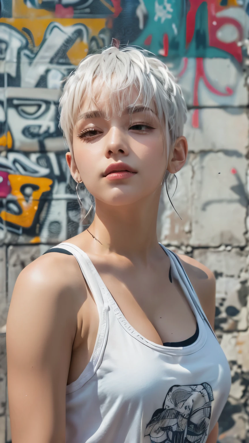 masterpiece, Highest quality, Very detailed, 8k, Realistic, One Girl, alone, Tomboy, Very detailed face, (head shot:1.5), Standing in front of a wall covered in hip hop graffiti, Pixie cut white hair, He is wearing a short tank top,I can see your chest,Nice ass,