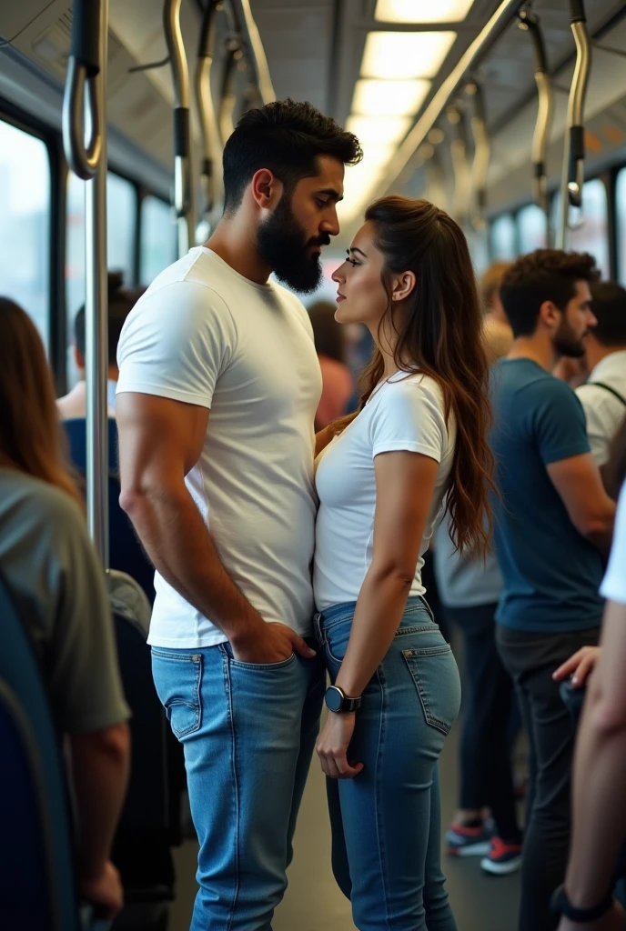 There is a young, strong, bearded Iranian man in a white t-shirt, jeans, White sneakers, sports watch, standing, holding on to the bar inside a public transport bus, side by side being watched by a woman next to him. Bulge, bulge.