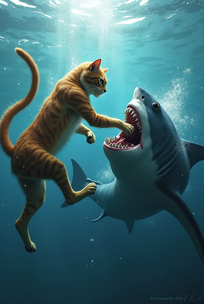 humanoid cat vs shark fight in water, Kicking the Shark: A dynamic shot of cat's strong legs pushing against the shark, causing it to turn away, with a swirl of water around them.
