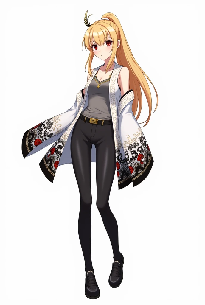 draw in anime style in full growth on a white background: a tall girl with blond hair, bangs in 2 sides, and a high ponytail. She wears a gray tank top with gold detailing, and on top of the tank top is a white haori with wide sleeves with black, white and red peacock feather detailing. She is also wearing black pants and black shoes. She also has a hairpin with a black, white and red peacock feather on her head. Her eyes are red and not big. Make her expression serious