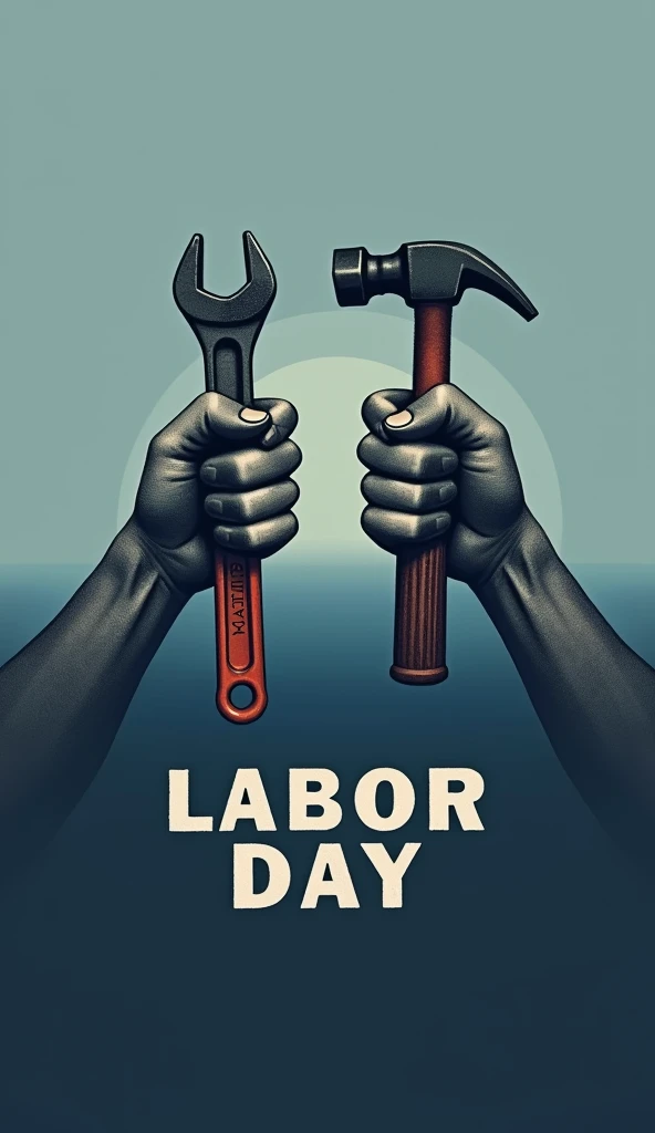 A minimalist design featuring a pair of strong, working hands holding tools like a wrench and hammer. The background is a gradient of deep blue transitioning to light sky blue, symbolizing the dawn of a new day. The text "Labor Day" is subtly inscribed in white, using a bold, industrial font