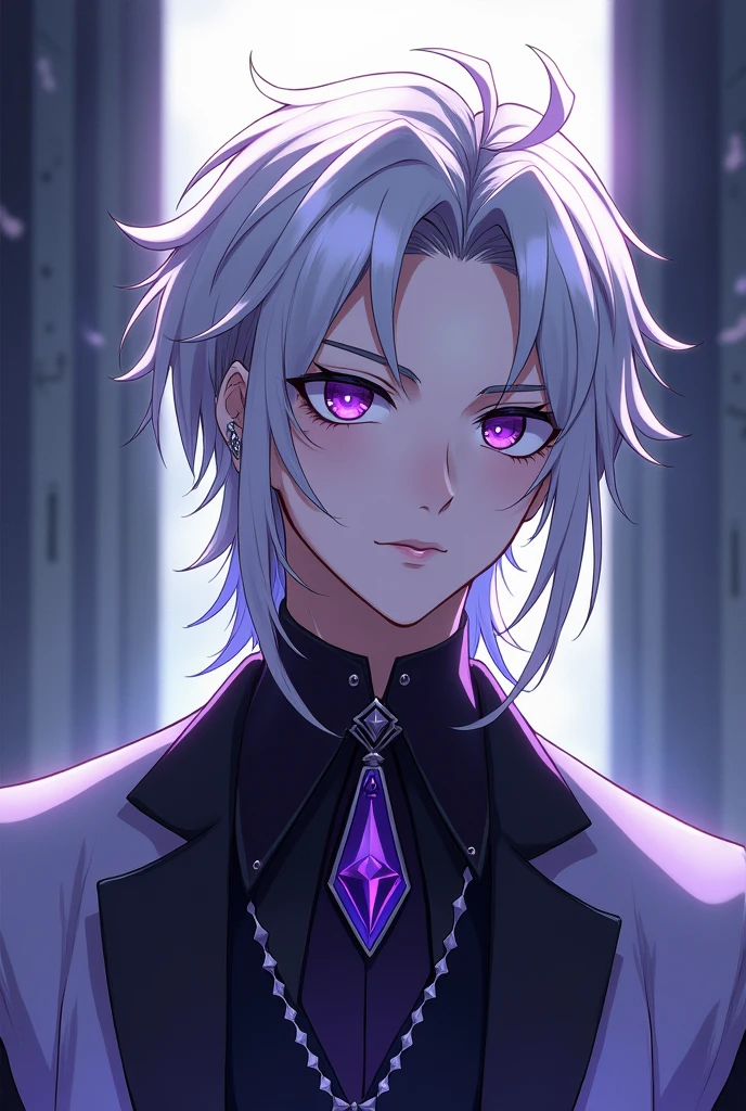 Anime, handsome youth, shoulder length silver hair that is slightly pulled back on the left side
very ruffled at his forehead, dividing into multiple other strands, mesmerising amethyst eyes, male idol, amethyst cross earring on the left ear, noble bearing, demon ascendance, sci-fi clothes, androgynous face with lustrous skin and soft features, androgynous neutral voice, lean but muscular body