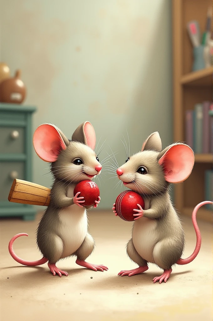 Two mouse having bat and ball in hand