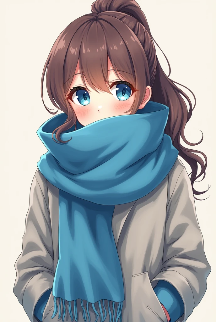 Anime girl, Blue eyes, brown hair, ponytail, blue scarf, mouth hidden with scarf, hands in pockets