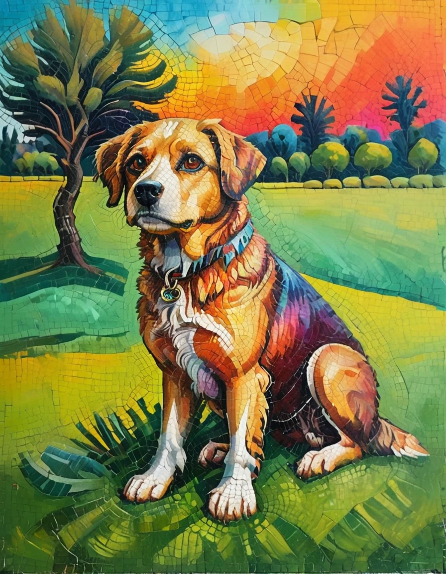 Masterpiece,Best Composition,Dynamic Composition,Colorful Landscape Painting,Dog on Lawn,Close-up of Dog,Psychedelic Landscape,Vivid Oil Painting,Vivid Abstract Landscape.