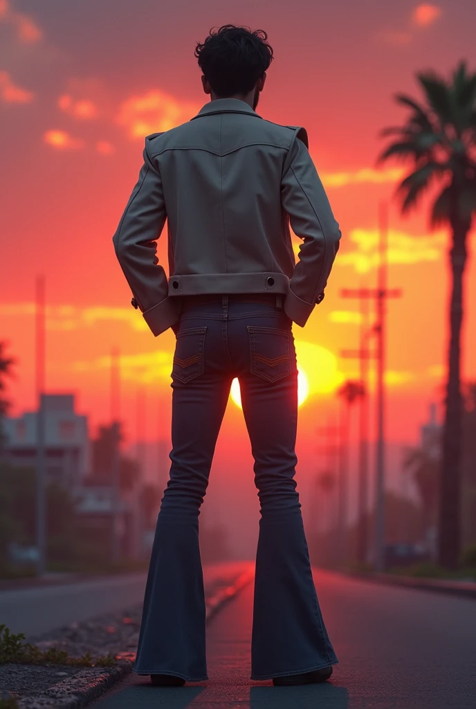 Create an image of a man from behind in 70s style, bell bottom pants, short jacket and hands in pockets, looking towards the sunset.