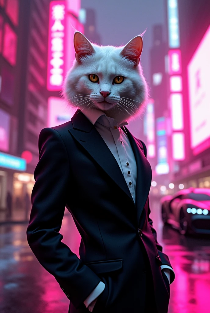 Wihte cat black suit with bugati neon city cyberpunk pink light