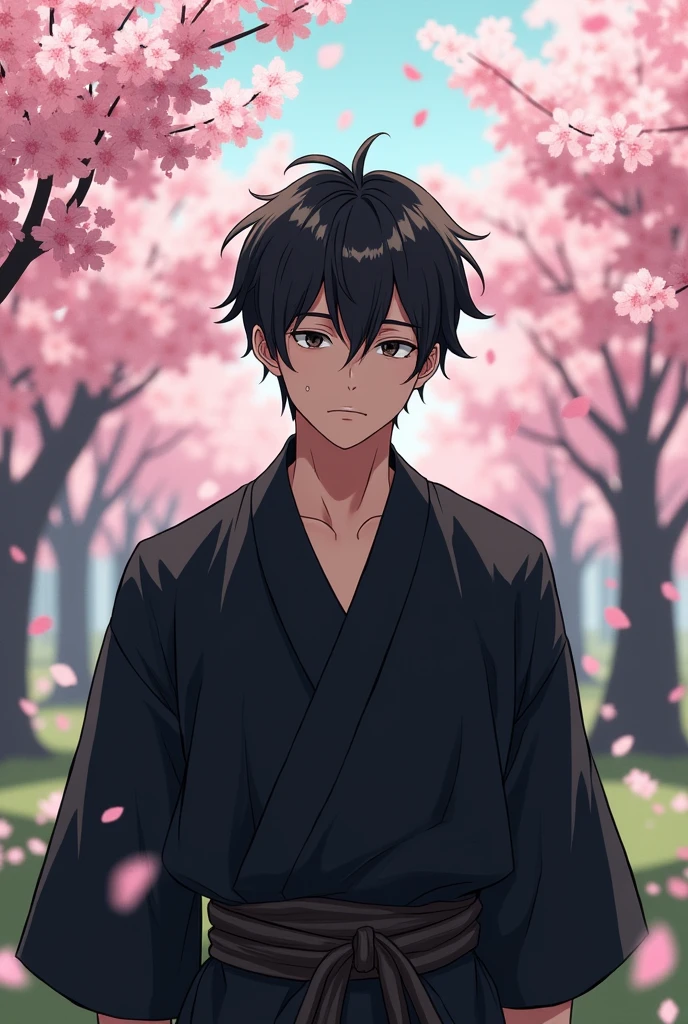 Generate  me a art of young non bearded depressed looking male filipino in a black kimono in a cherry blossom theme background make the vibe a bit more depressing,  anime style. He has to be facing the front. His eyes must look like he hasn't slept or has relaxed in long time but don't give him eyebags. Give him wrinkles in his eyelids and his face should not be cute
