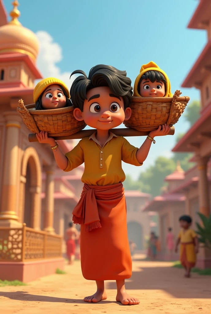  In cinamatic 3d cartoon "Shravana Kumar was a devout and obedient son. His parents were blind, and he had dedicated his entire life to serving them. One day, his 𝗳𝗮𝘁𝗵𝗲𝗿 𝗮𝗻𝗱 𝗺𝗼𝘁𝗵𝗲𝗿 expressed their desire to go on a pilgrimage. Shravana Kumar immediately honoured their wish and began carrying  by placing them in two baskets hung from a pole on his shoulders to various holy sites."