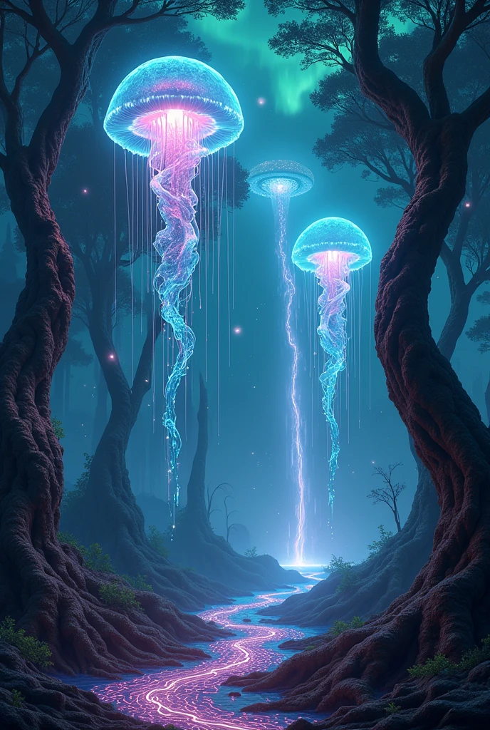 "In an otherworldly forest, colossal bioluminescent jellyfish float silently above ancient, twisted trees with bark that resembles fractal patterns of a digital matrix. The jellyfish cast an ethereal glow, illuminating the forest in shades of teal, violet, and cyan. Their tentacles intertwine with the branches, dripping with glowing, liquid light that forms streams on the forest floor. The ground is a mosaic of glowing circuit-like patterns, with roots that pulse with energy, connecting the jellyfish to the earth. In the distance, a towering waterfall made of shimmering light cascades down from a floating island, bathing the scene in a soft, spectral mist. The atmosphere is a blend of tranquility and mystery, with a sky that shifts between deep space hues and the aurora borealis, punctuated by distant, glowing orbs that hint at other dimensions."**

### Instructions for SeaArt AI:
1. **Model Selection:**
   - **Checkpoint or Temporal Paradox Mix**: For a blend of realism and fantasy with intricate detail.
   - **LoRA**: Enhance details on bioluminescence and digital matrix patterns.

2. **Style and Lighting:**
   - **Fantasy Realism**: Focus on realistic textures with fantastical lighting effects.
   - **Bioluminescence**: Highlight the glow from jellyfish and matrix patterns; use ComfyUI to tweak the light diffusion and glow intensity.

3. **Image Refinement:**
   - Generate multiple images and focus on refining one with the best balance of detail and atmosphere.
   - Use the **Canvas** tool to manually adjust elements like the positioning of the jellyfish, enhancing the depth and surrealism of the scene.
   - Apply **Swift AI tools** to sharpen details and increase the image’s resolution.

4. **Color Palette:**
   - Deep, vibrant blues and purples for the forest and sky.
   - Bright, glowing greens, teals, and whites for the bioluminescent elements.

5. **Post-Processing:**
   - Use the **Advanced Repair** tool to fine-tune the edges, ensuring the image is clean a