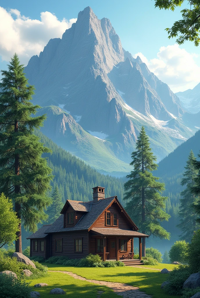 Simple house at the foot of a mountain,with tree around,4K