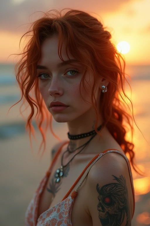 very detailed, 16K high resolution, incredibly detailed image, cinematic, best quality, masterpiece, realistic, detailed face, detailed background, dramatic lighting, A girl, 2, she is alone, beautiful, natural red hair, straggly and messy wavy hair. Extremely detailed facial expressions with sharp and piercing green eyes. A delicate, slightly cheeky face, subtly made up. ((She is tattooed and pierced, large tubes in her ears.)), She has (very small breasts) and a slim figure, in good shape. Her height is about 1.70 meters. Mystical evening atmosphere with sunset by the sea. She is taking a walk on the beach and is wearing light, summery clothes.