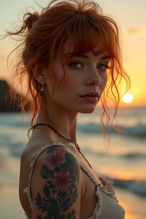 very detailed, 16K high resolution, incredibly detailed image, cinematic, best quality, masterpiece, realistic, detailed face, detailed background, dramatic lighting, A girl, 2, she is alone, beautiful, natural red hair, straggly and messy wavy hair. Extremely detailed facial expressions with sharp and piercing green eyes. A delicate, slightly cheeky face, subtly made up. ((She is tattooed and pierced, large tubes in her ears.)), She has (very small breasts) and a slim figure, in good shape. Her height is about 1.70 meters. Mystical evening atmosphere with sunset by the sea. She is taking a walk on the beach and is wearing light, summery clothes.