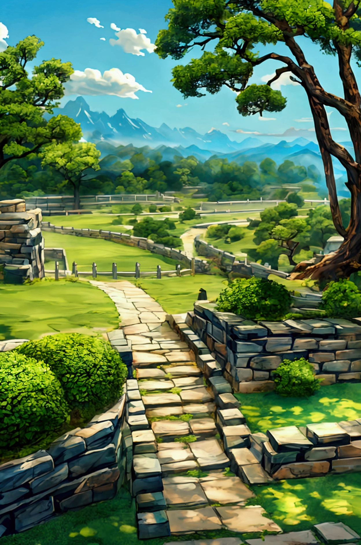 Landscape, grassy field, Chinese mountains , closeup, forest, jade trees, near stone wall, training area 