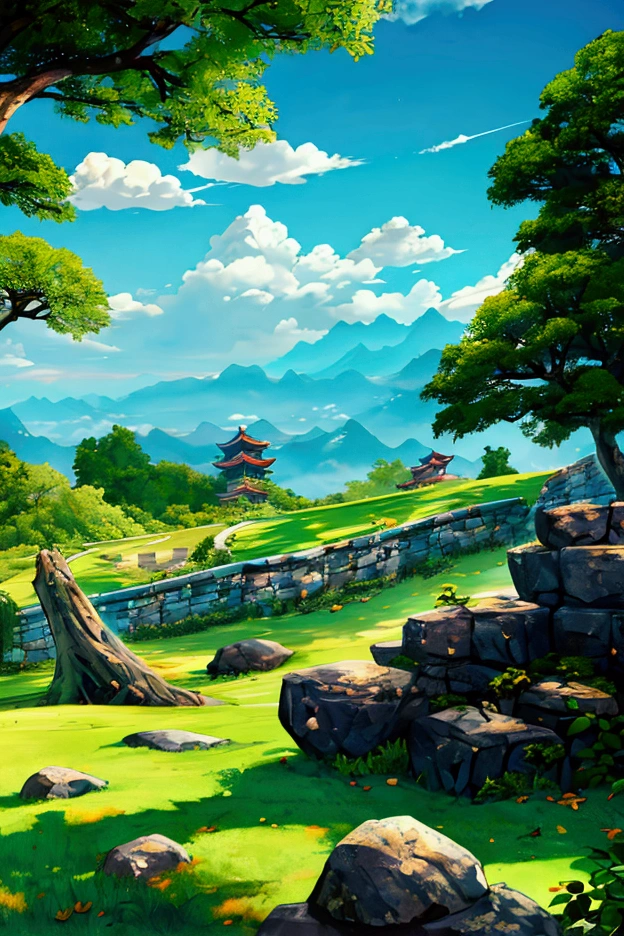 Landscape, grassy field, Chinese mountains , closeup, forest, jade trees, near stone wall, training area 