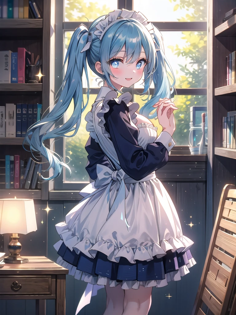 ((8k, Best Quality, Masterpiece: 1.3)), Ultra High Resolution, (One Girl, Solo), (Color Changing Eyes, Ultra Detailed, Expressive Sparkle, Shimmering, Glowing Eyes), Highly Detailed Eyes,In a small, tidy student’s room bathed in the warm glow of morning light, a young maid with twin tails of sky-blue hair is enjoying a lighthearted moment. Her semi-long hair, tied into playful twin tails, transitions softly from vibrant blue to a delicate pale blue at the tips. She wears a charming navy maid outfit with frills, and her fitted dress accentuates her figure with a playful yet modest emphasis on her cleavage. She stands by a simple wooden desk, one foot playfully pointed, and her hands clasped behind her back. Her expression is bright, with a joyful smile that radiates youthful energy. The simple decor of a single bed, small bookshelf, and study essentials enhance the relaxed and cheerful atmosphere.