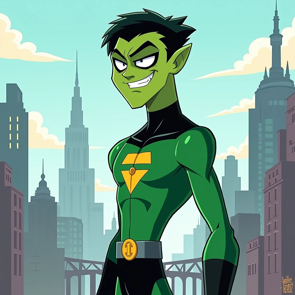 Beast boy cartoon design without body and tall and without big head in teen titans animation in the city