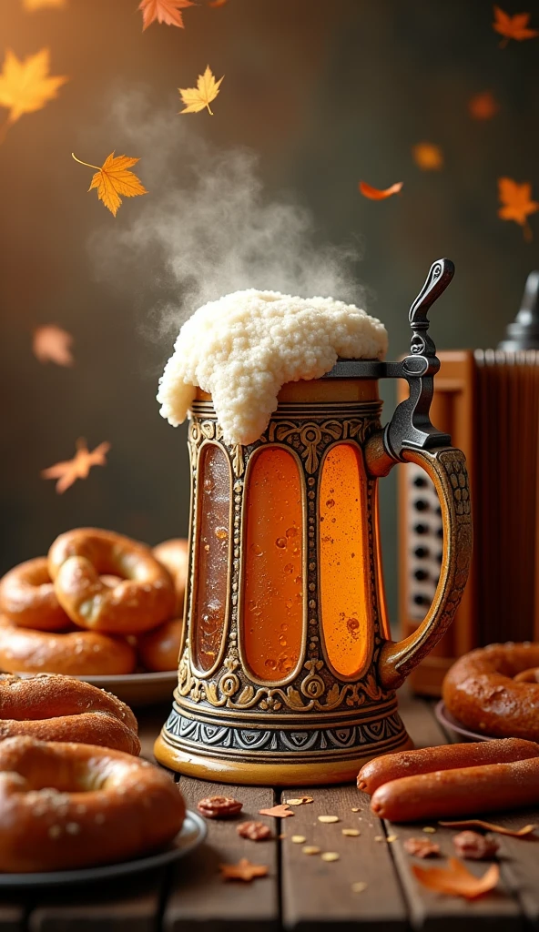An artistic portrayal of a traditional beer stein with frothy beer overflowing, surrounded by pretzels, sausages, and an accordion. The background has warm, earthy tones of brown and gold, reflecting autumn. The scene is set with falling leaves, enhancing the festive atmosphere.
