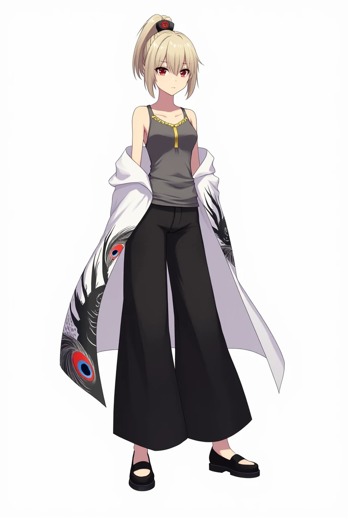 draw in anime style in full growth on a white background: a tall girl with ash blonde hair, bangs in 2 sides, and a high ponytail. She wears a gray tank top with gold detailing, and on top of the tank top is a white haori with wide sleeves with black, white and red peacock feather detailing. She is also wearing black wide pants and black shoes. She also has a hairpin with a black, white and red peacock feather on her head. Her eyes are red and not big. Make her expression serious