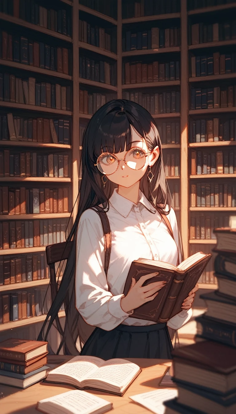 , score_9,score_8_up,score_7_up,score_6_up,score_5_up,score_4_up) ,A girl, Wearing round tinted glasses,Background is a bookstore