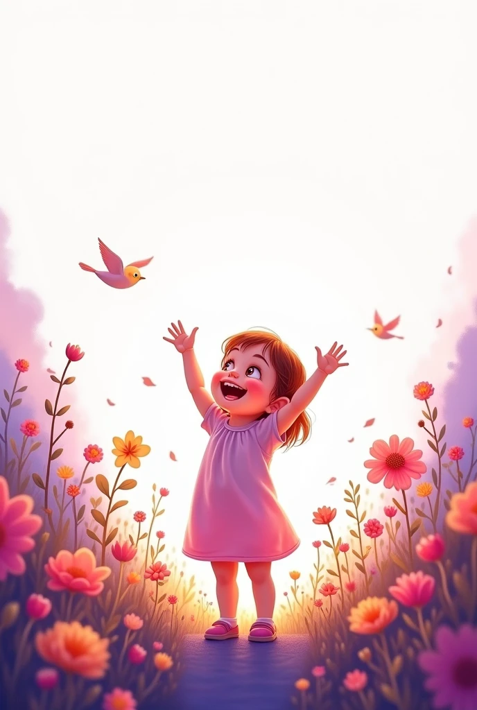 up side white,down side purple shade,blooming beautiful flowers,little bird flying up,cute baby girl raise hands,she smiling,she exciting