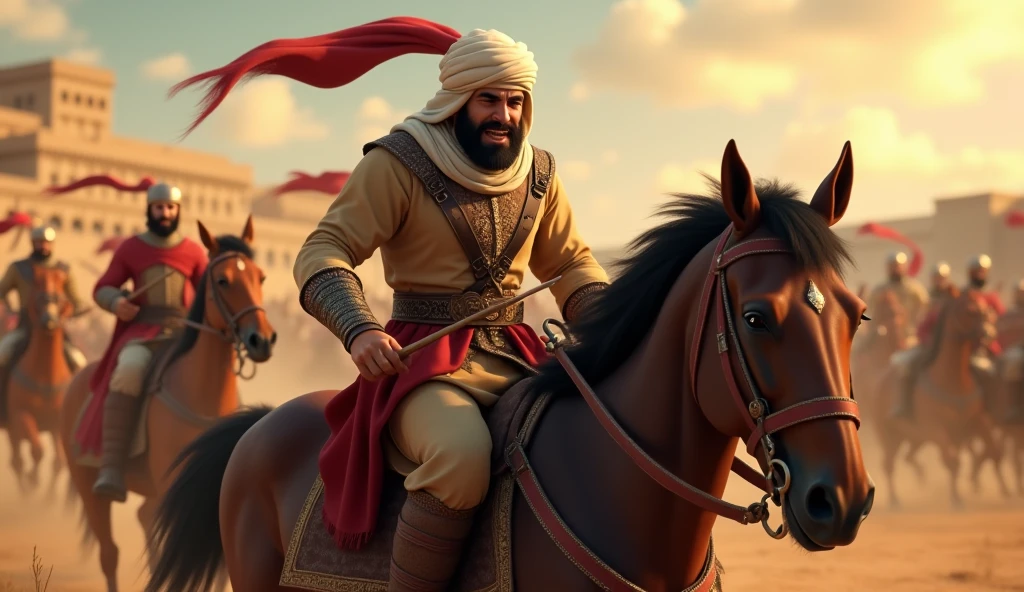 Animated image of an arrow stuck in the back of a Muslim's neck. An arrow stuck in the back of his neck and feeling pain while riding a horse while fighting.