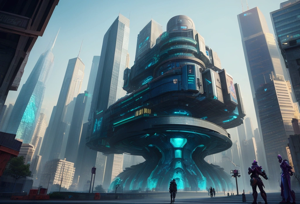 I want you to design a city background. Very modernized. I want a very urban futuristic city with parks. I want you to be inspired by league of legends. Use map references, atmosphere and colors of league of legends places. hyperrealistic. Style photography taken from the street. depth.