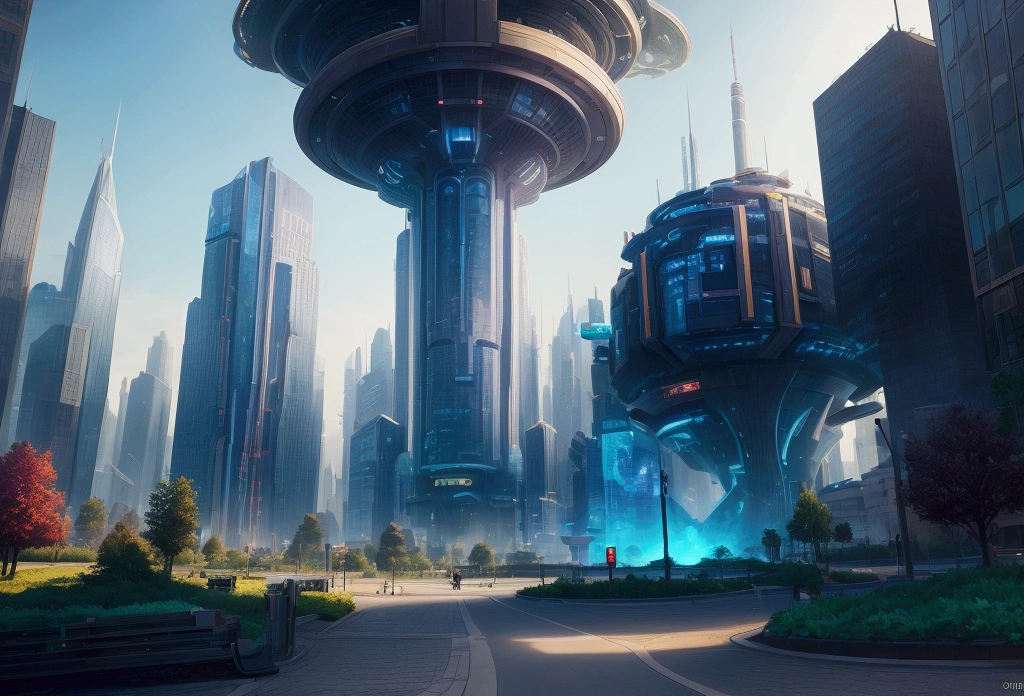 I want you to design a city background. Very modernized. I want a very urban futuristic city with parks. I want you to be inspired by league of legends. Use map references, atmosphere and colors of league of legends places. hyperrealistic. Style photography taken from the street. depth.