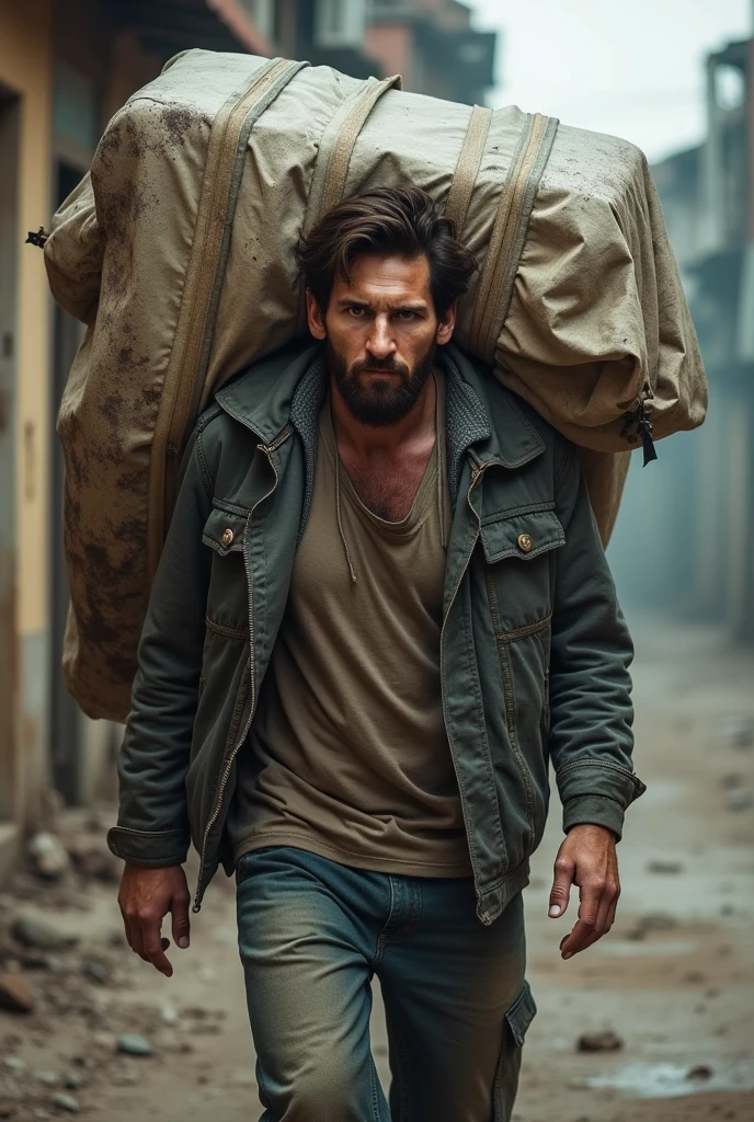 Messi as a poor man he is carrying a huge luggage