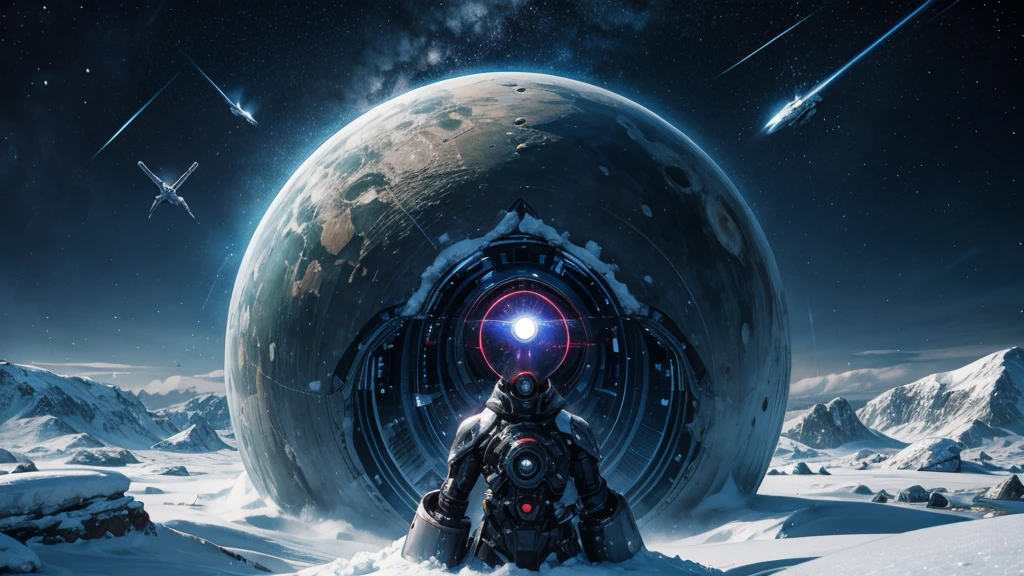 Alien with human body, 4 long fingered hands, an eye in the center of the head, with skin, on a translucent round-shaped nave, On one arm he has a laser pointing towards the camera, In the background there is a city in the middle of the snow, The location of the place is in Alaska, There are many identical ships flying around, They are formed in a V shape, it is day