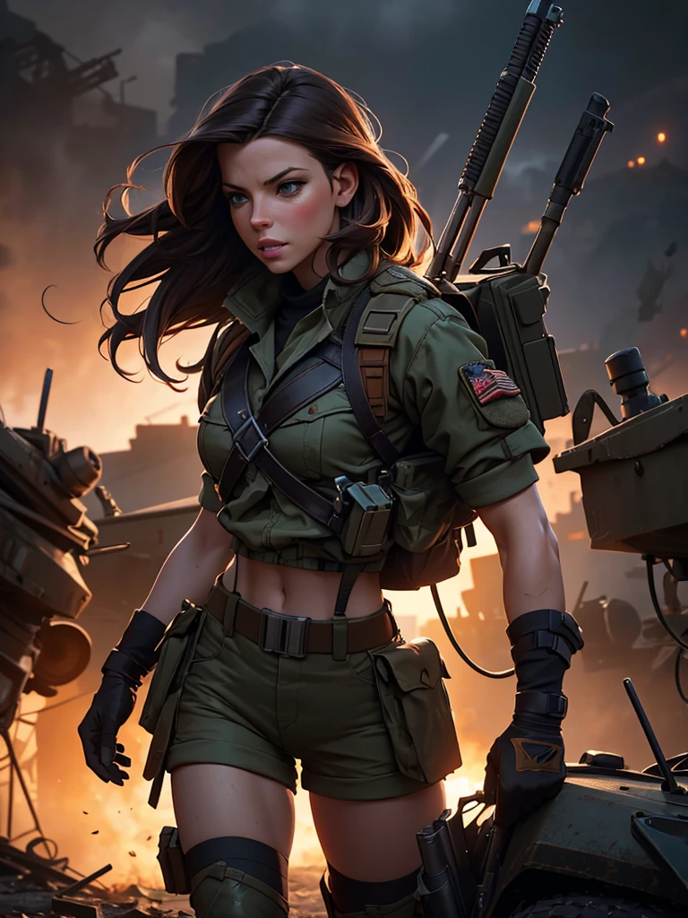 a beautiful busty Kate Beckinsale, army uniform, short shorts, tied wet t-shirt, battlefield scene, realistic, photorealistic, photo-realistic:1.37, best quality,4k,8k,highres,masterpiece:1.2,ultra-detailed,HDR,UHD,studio lighting,ultra-fine painting,sharp focus,physically-based rendering,extreme detail description,professional,vivid colors,bokeh,cinematic lighting,dramatic shadows,moody atmosphere,heroic action pose,gritty military setting,intricate details,military equipment,dust and debris,cloudy sky,warm color palette