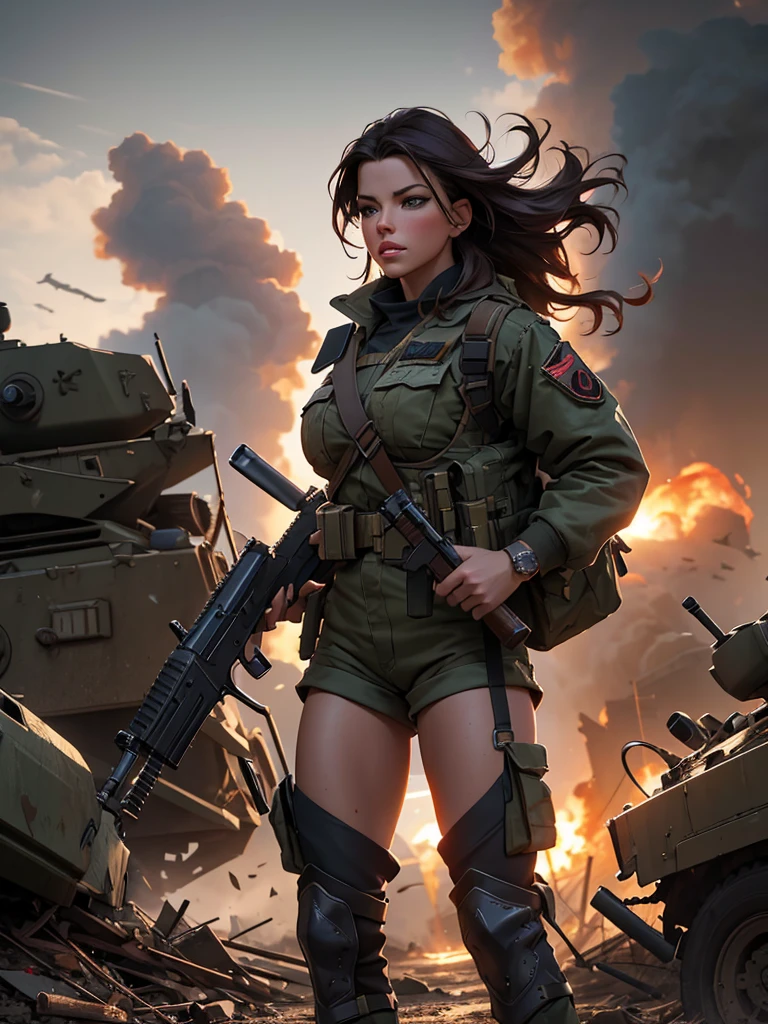 a beautiful busty Kate Beckinsale, army uniform, short shorts, tied wet t-shirt, battlefield scene, realistic, photorealistic, photo-realistic:1.37, best quality,4k,8k,highres,masterpiece:1.2,ultra-detailed,HDR,UHD,studio lighting,ultra-fine painting,sharp focus,physically-based rendering,extreme detail description,professional,vivid colors,bokeh,cinematic lighting,dramatic shadows,moody atmosphere,heroic action pose,gritty military setting,intricate details,military equipment,dust and debris,cloudy sky,warm color palette