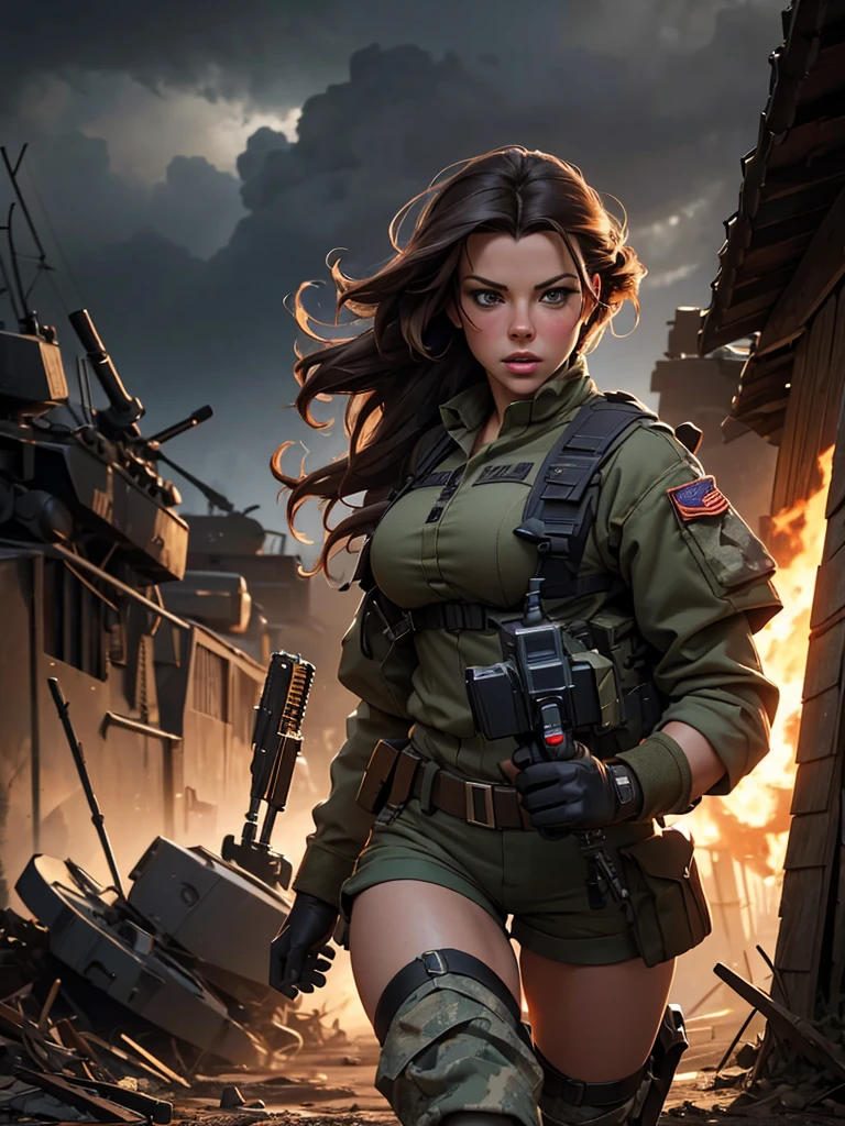 a beautiful busty Kate Beckinsale, army uniform, short shorts, tied wet t-shirt, battlefield scene, realistic, photorealistic, photo-realistic:1.37, best quality,4k,8k,highres,masterpiece:1.2,ultra-detailed,HDR,UHD,studio lighting,ultra-fine painting,sharp focus,physically-based rendering,extreme detail description,professional,vivid colors,bokeh,cinematic lighting,dramatic shadows,moody atmosphere,heroic action pose,gritty military setting,intricate details,military equipment,dust and debris,cloudy sky,warm color palette